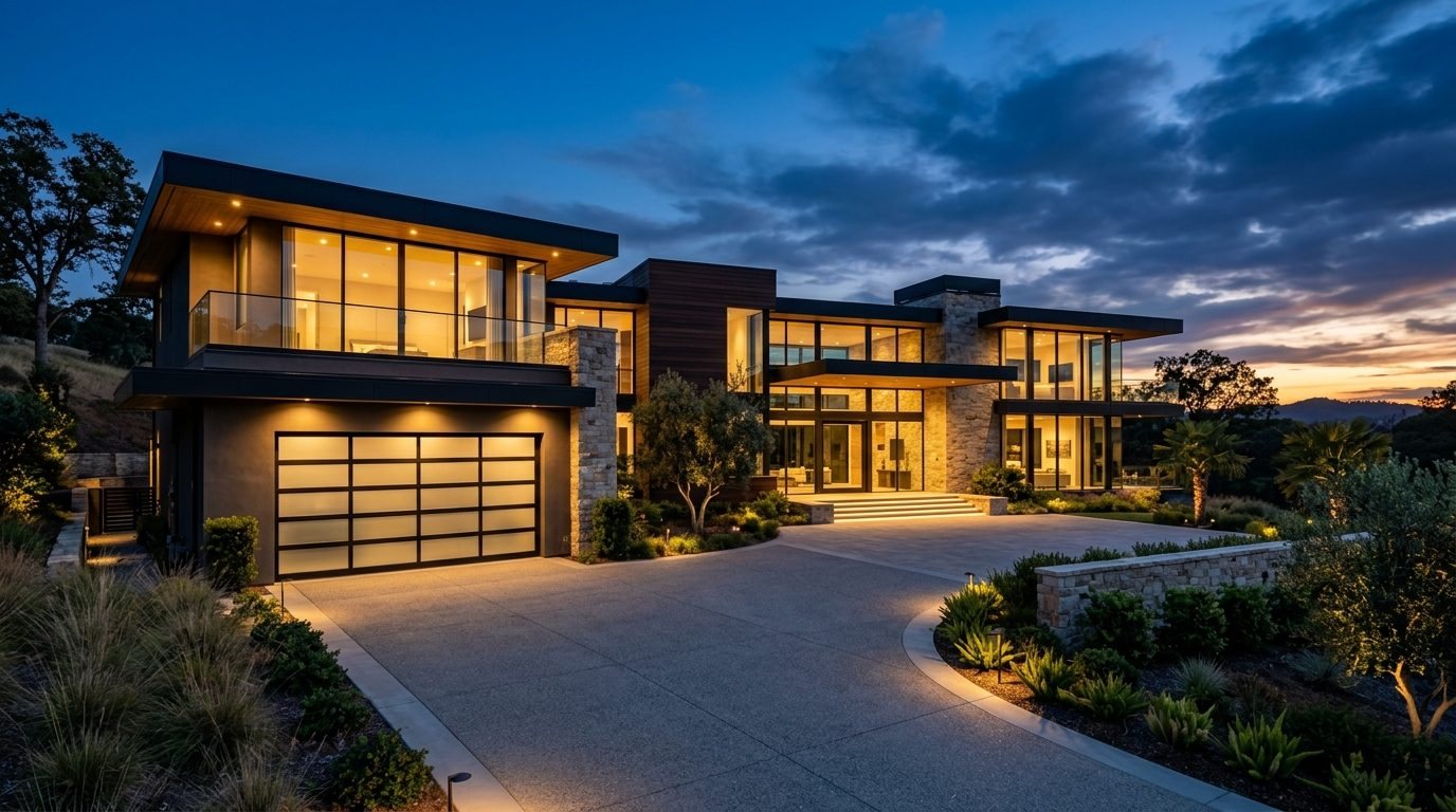Young Elite Garage Door Exterior Closed Garage Door at Twilight